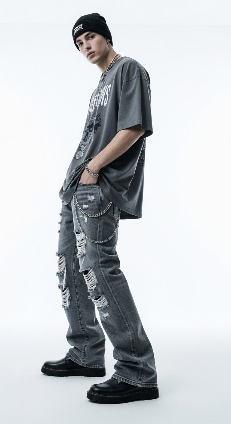 Yırtık Detaylı Geniş Paça Jean